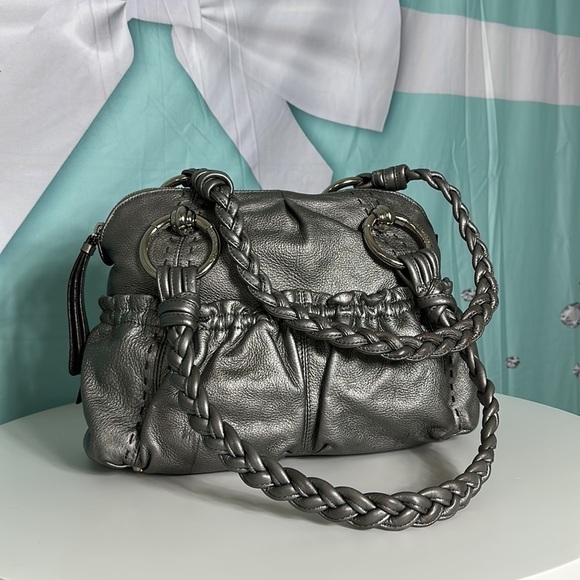 B. MAKOWSKI Pebbled Leather Hobo Bag A211928 Grey Pockets Braided Straps Classic - Picture 4 of 15